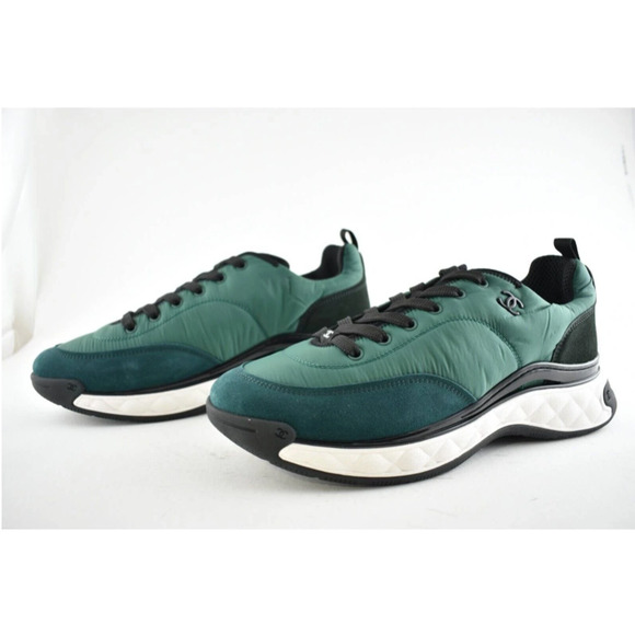 Chanel 21A Mens Green Black White CC Logo Lace Up Low Top Trainer Sneaker 44 11 - Picture 8 of 9